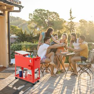 76L Koeler Bolderwagen op Wielen met Flesopener Ijskist Bolderwagen voor Buiten Feest Draagbare Rollende Drank Koeler Rood