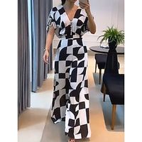 Dames Jumpsuit Geometrisch V-hals Formeel Feestdagen BreedBeen Normale pasvorm Korte mouw Zwart S M L Alle seizoenen Lightinthebox