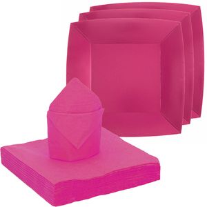 Santex 10x taart/gebak bordjes/25x servetten - fuchsia roze   -