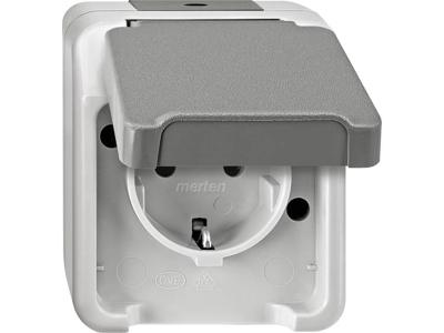 Merten 4074945 Aquastar Compleet Wandcontactdoos met randaarde en klapdeksel spatwaterdicht Lichtgrijs 1-voudig