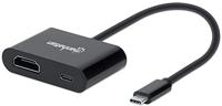 Manhattan USB-C naar USB-C (met stroomvoorziening) en HDMI-kabel, 4K, 19,5 cm, stekker op bus, 4K-60Hz, Power Delivery tot 60W, 20V/3A, Thunderbolt 3 compatibel, zwart, box