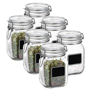 Voorraad/weckpot - 6x - transparant - glas - 16 x 10,6 cm - 1 L - krijtplaatje - Bormioli Rocco