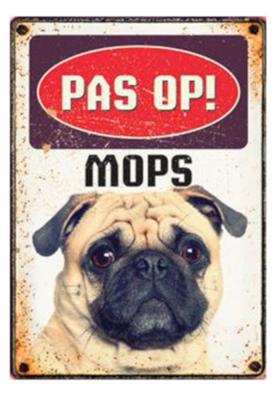 Plenty Gifts waakbord Mops 15 x 21 x 2 cm tin wit/zwart