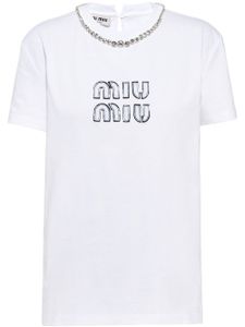 Miu Miu t-shirt en coton à ornements en cristal - Blanc