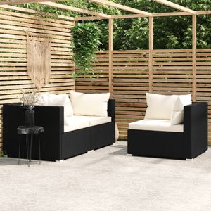 3-delige Loungeset met kussens poly rattan zwart