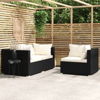 3-delige Loungeset met kussens poly rattan zwart - thumbnail