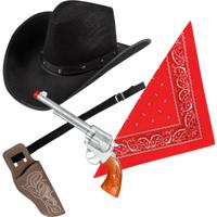 Carnaval verkleeds set cowboyhoed Billy - zwart - rode hals zakdoek - holster met revolver - thumbnail