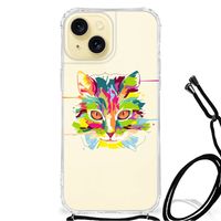 Apple iPhone 15 Stevig Bumper Hoesje Cat Color - thumbnail