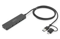 DIGITUS Slim Line 4-poorts USB 3.0 Hub - 4x USB-A - 1x USB-C voedingsaansluiting - tot 5 Gbps - incl. USB-A naar USB-C adapter - 1,2m snoerlengte - zwart