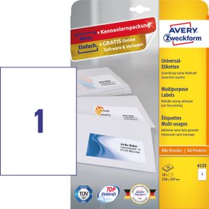 Avery-Zweckform 6125 Universele etiketten 210 x 297 mm Papier Wit 10 stuk(s) Permanent hechtend Inkjet, Laser (zwart/wit), Laser (kleur), Kopiëren (zwart/wit),