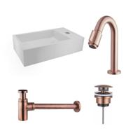 Fonteinset Nila Solid Surface Mat Wit Rechts 40x22x10cm Toiletkraan Knop Clickwaste Sifon Geborsteld Koper