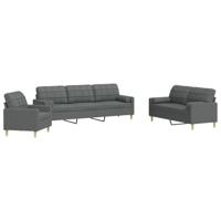vidaXL 3-delige Loungeset met sierkussens stof donkergrijs, bankstel, bank, zitbank, bankenset, loveseat, fauteuil, relaxfauteuil, leunstoel