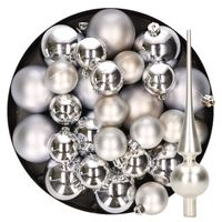 Kerstversiering kunststof kerstballen met piek zilver 6-8-10 cm pakket van 37x stuks