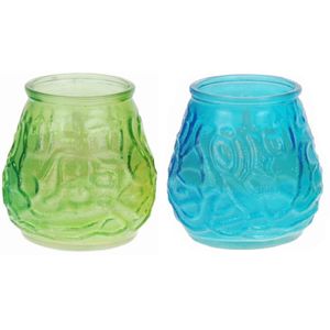 Windlicht geurkaars - 2x - blauw/groen glas - 48 branduren - citrusgeur