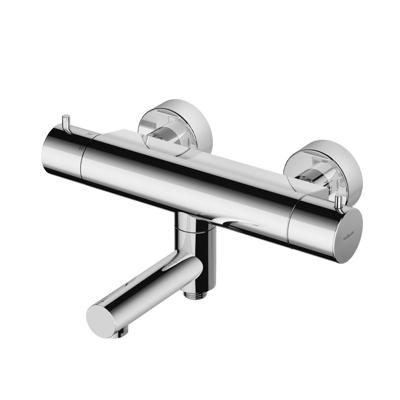 Badkraan Hotbath Buddy 15cm Hartafstand Thermostatisch Opbouw Geborsteld Messing 2 Greeps met Uitloop