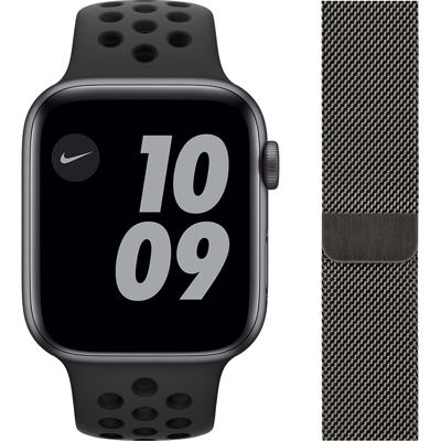 Apple Watch Nike SE 44mm Space Gray Aluminium Zwarte Sportband + Polsband Milanees Grafiet Apple Watch Nike SE 44mm Space Gray Aluminium Zwarte Sportband + Polsband Milanees Grafiet