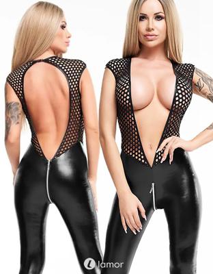* 7-HEAVEN Zwart wetlook catsuit
