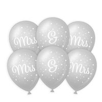 6x stuks Mrs. &amp; Mrs. huwelijks feest ballonnen - zilver/wit - latex - ca 30 cm   - - thumbnail