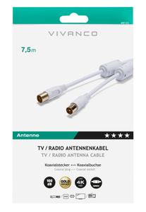 Vivanco Antenne Aansluitkabel [1x Antennebus 75 Ω - 1x Antennestekker 75 Ω] 7.50 m 100 dB Vergulde steekcontacten, Met Ferrietkern Wit