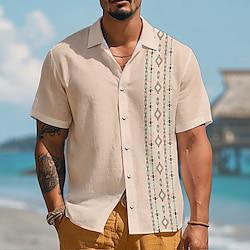 Tribal Etnisch Hawaii Casual Toevlucht Voor heren linnen overhemd Korte Mouw Buiten Straat Casual Zomer Lente Strijkijzer Afdrukken Khaki 20%linnen20%cellulose60%polyester Lightinthebox