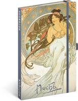 NOTIQUE Notitieboek, gelinieerd met elastiek 13x21cm ca. A5, designer hardcover notebook, notitieblok, notitieboek, dagboek voor volwassenen, dames (alphonse mucha muziek)