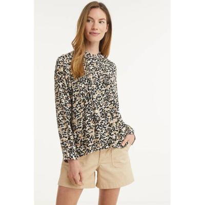 ICHI blouse met all over print en plooien wit/beige/zwart