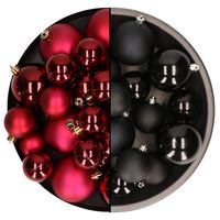 Kerstversiering kunststof kerstballen mix zwart/donkerrood 4-6-8 cm pakket van 68x stuks