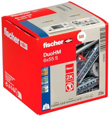 fischer Hollewandpluggen DuoHM 6 x 55 S TX, platenpluggen met metrische pankopschroef en TX-aandrijving voor het bevestigen van tv-houders, lampen, wandplanken en nog veel meer, in