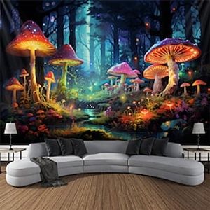 paddenstoel bos blacklight tapijt uv-reactieve glow in the dark trippy psychedelische mistige natuur landschap hangend tapijt muur kunst muurschildering voor woonkamer slaapkamer Lightinthebox