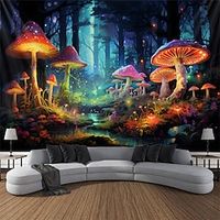 paddenstoel bos blacklight tapijt uv-reactieve glow in the dark trippy psychedelische mistige natuur landschap hangend tapijt muur kunst muurschildering voor woonkamer slaapkamer Lightinthebox - thumbnail