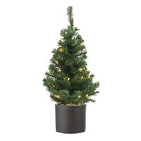 Volle mini kerstboom groen in jute zak met verlichting 60 cm en donkergrijze pot - thumbnail