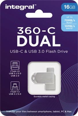 Integral 16GB 360-C Dual USB-C & USB 3.0 USB flash drive USB Type-A / USB Type-C 3.2 Gen 1 (3.1 Gen 1) Zilver Integral 16GB 360-C Dual USB-C & USB 3.0 USB flash drive USB Type-A / USB Type-C 3.2 Gen 1 (3.1 Gen 1) Zilver
