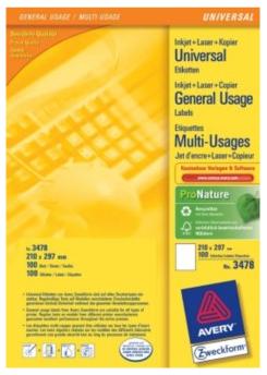 Avery-Zweckform 3478 Universele etiketten 210 x 297 mm Papier Wit 100 stuk(s) Permanent hechtend Inkjet, Laser (zwart/wit), Laser (kleur), Kopiëren