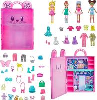 Polly Pocket Kast speelset met 4 poppen (3 inch), 3 huisdieren en 50 accessoires, Stylin' Safari Fashion Collection draagtas