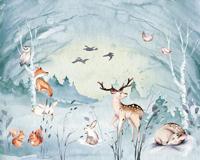 Komar Vlies fotobehang - Animal Sleepover - Afmetingen: 350 x 280 cm (breedte x hoogte) - babybehang, bosdieren, vos, haas, herten, kinderkamer, behang - IAX7-0038