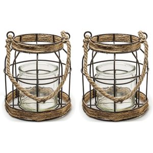 Set van 2x stuks transparante vaas/vazen met metalen/jute kooi 16 x 19 cm