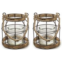 Set van 2x stuks transparante vaas/vazen met metalen/jute kooi 16 x 19 cm