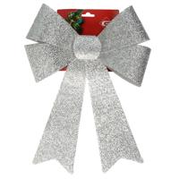 Grote decoratie strik - 42 cm - zilver - glitter - kunststof - kerststrik