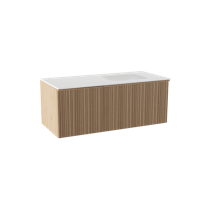 Balmani Forma zwevend badmeubel 120 x 55 cm naturel eiken met Tablo Arcato asymmetrisch rechtse wastafel in solid surface mat wit, Verticale asymmetrische ronde ribbel