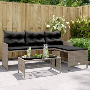 Tuinbank met tafel en kussens L-vormig poly rattan grijs