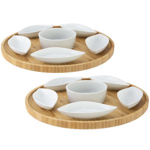 Set van 2x stuks serveerplanken bamboe dia 26 cm met luxe hapjes/saus/tapas keramieken schaaltjes