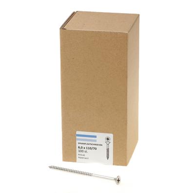 Spaanplaatschroef roestvaststaal A2 platkop pozidrive-3 6.0X110/70 deeldraad (100)