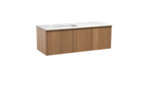 Balmani Forma zwevend badmeubel 135 x 55 cm teakhout met Tablo Arcato asymmetrisch linkse wastafel in solid surface mat wit, Verticale symmetrische rechte ribbel