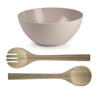 Salade serveer schaal - beige - kunststof - Dia 25 cm - incl. bamboe Sla couvert/bestek