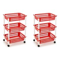 2x stuks opberg trolley/roltafel/organizer met 3 manden 40 x 30 x 61,5 cm wit/rood - thumbnail