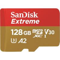 SanDisk Extreme MicroSD-Kaart Voor Actiecameras En Drones Met Adapter 128 GB (1 Jaar RescuePRO Deluxe, Leessnelheden Tot 190 MB/s, A2, C10, V30, U3, 30 Jaar Garantie) Rood/Goud