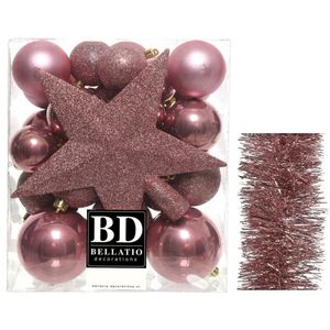 Kerstversiering kerstballen 5-6-8 cm met ster piek en folieslingers pakket oud roze van 35x stuks