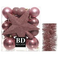 Kerstversiering kerstballen 5-6-8 cm met ster piek en folieslingers pakket oud roze van 35x stuks - thumbnail