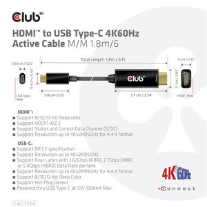 club3D CAC-1334 HDMI-kabel HDMI / USB-C Aansluitkabel HDMI-A-stekker, USB-C stekker 1.80 m Zwart