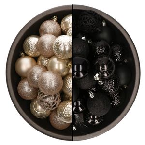 74x stuks kunststof kerstballen mix zwart en parel champagne 6 cm